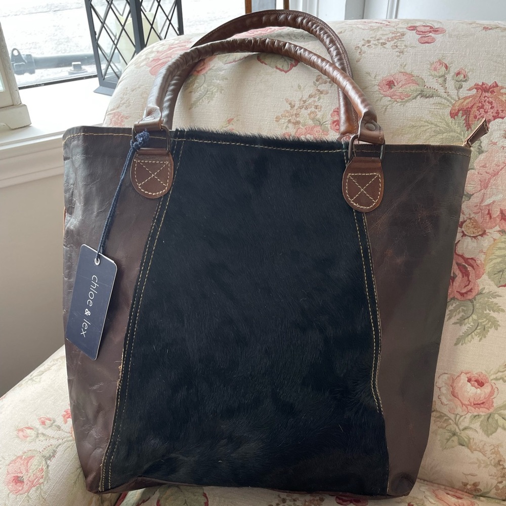 Leather and cowhide canvas tote